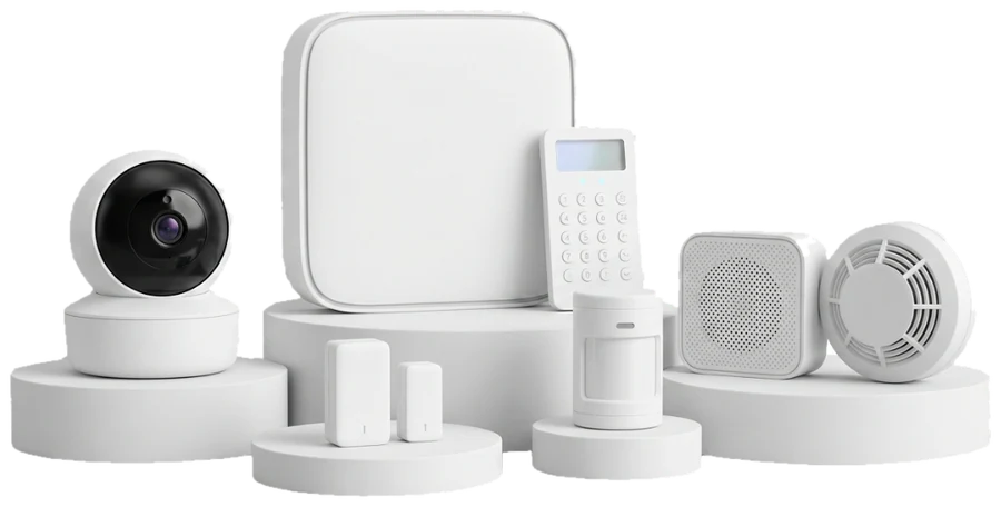Kit de alarma para casa: panel de control, cámara, detector de movimiento, contactos magnéticos para puertas y ventanas, sirena y detector de humo